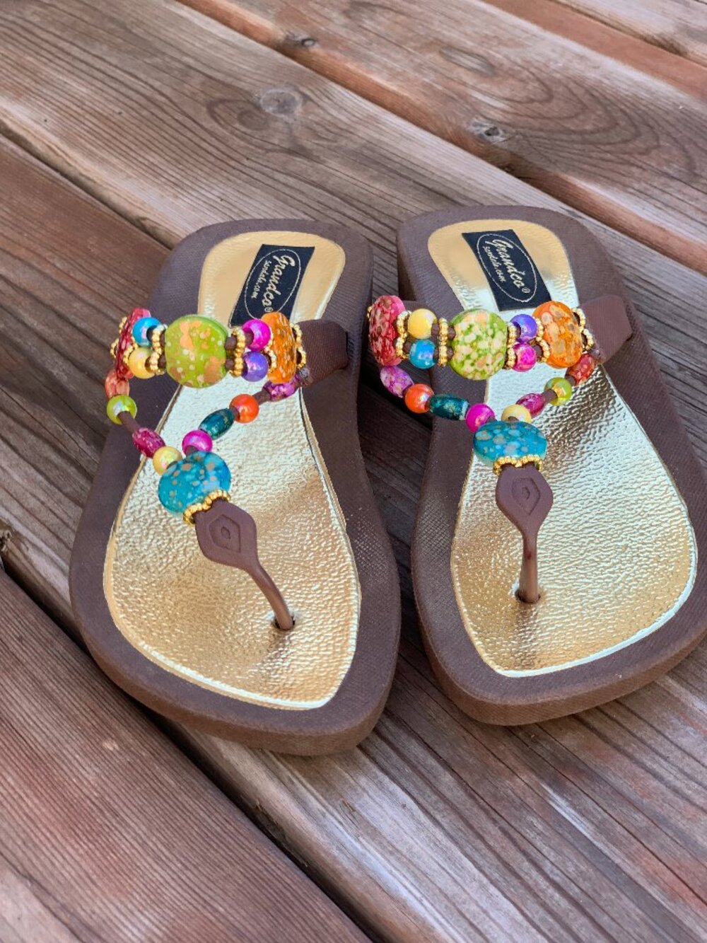 Grandco Beaded Sandals 6 Colorful Rainbow Boho Beach Flip Flops Thong Flat Shoes